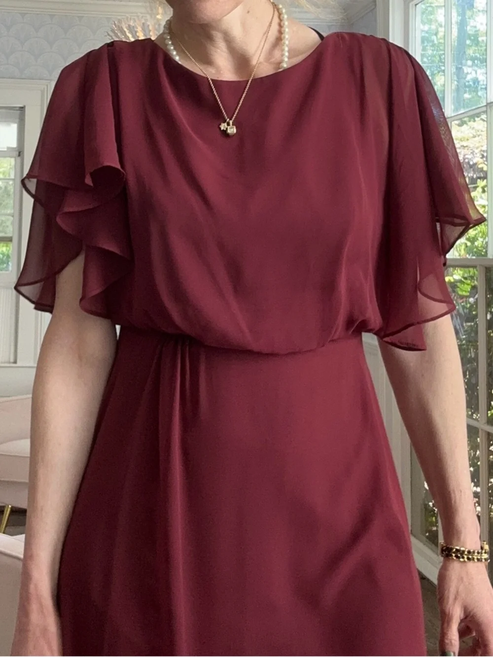 Women’s Burgundy High-Low Chiffon Event Prom Mother of the Bride Dress 2 - Picture 8 of 10